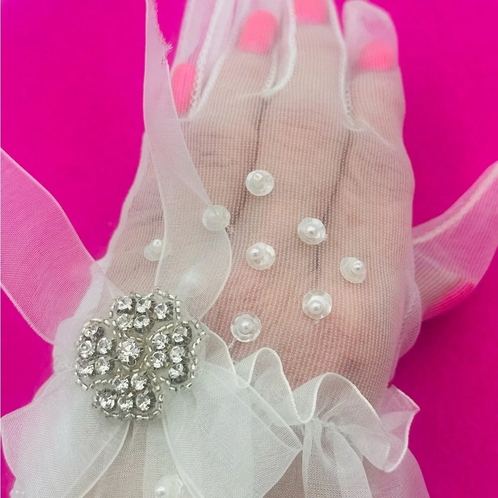 Vintage Bridal Gloves Ruffle & Faux Pearls